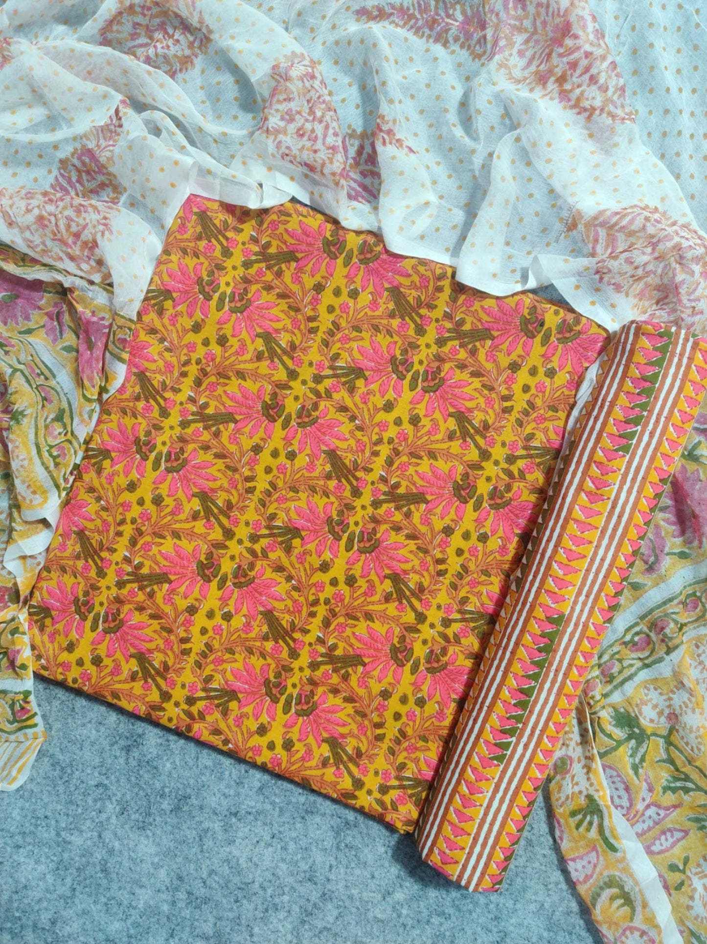 Mustard Printed Chiffon Dupatta Cotton Suit Material