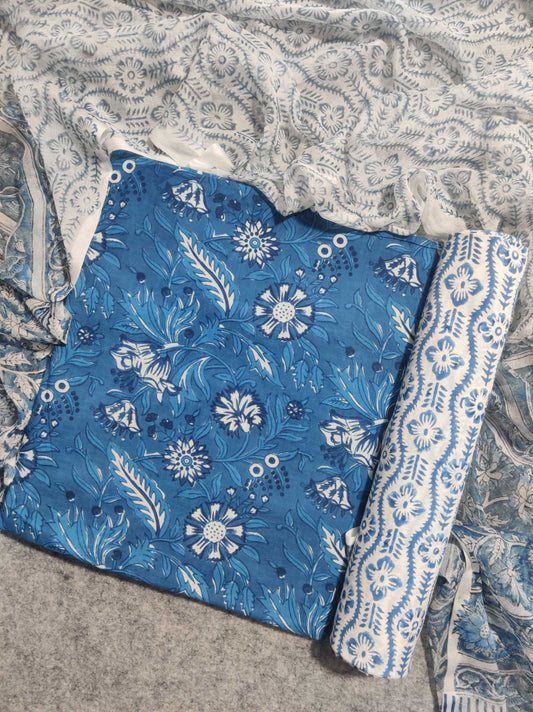 Blue Sanganeri Printed Chiffon Dupatta Cotton Suit Material