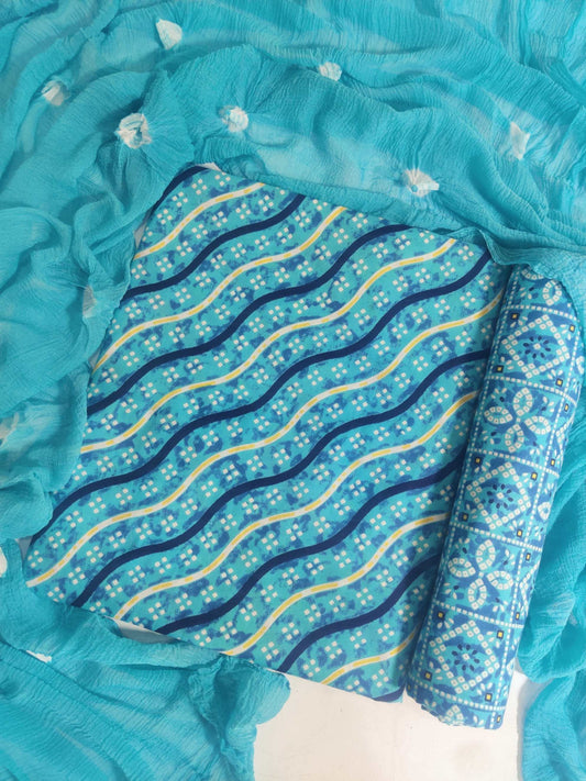 Turquoise Bandhani Chiffon Dupatta Cotton Suit Material