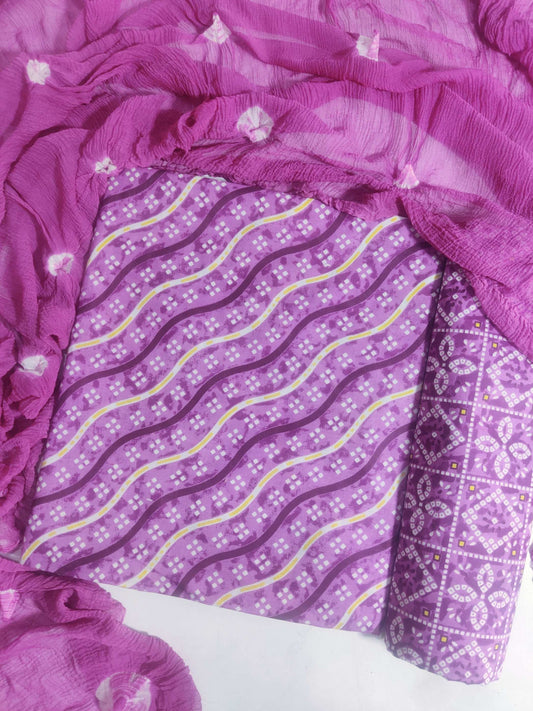 Purple Bandhani Chiffon Dupatta Cotton Suit Material