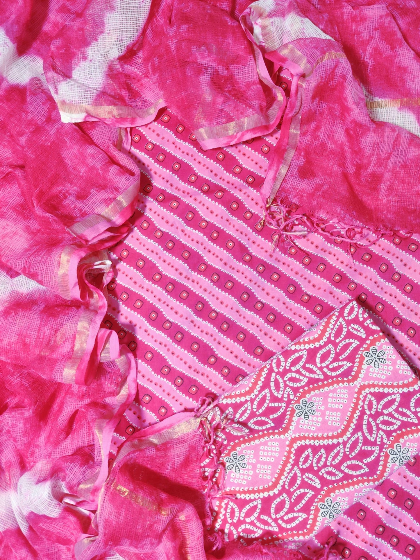 Pink Leheriya Kota Doria Dupatta Cotton Unstitched Suit